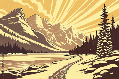 86 winter scenic, frozen lake with snow covered trail, majestic mountains at sunset, dramatic sky with sunburst, photorealistic, highly detailed, cinematic lighting