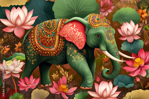 Ornate Green Elephant Amidst Pink Lotuses Artistic Illustration