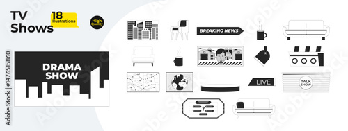 TV shows and broadcast elements outline illustrations mega bundle. Studio props furniture, breaking news, weather map, talk show 2D linear images isolated. Collection black and white vector drawings