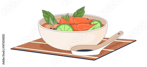 Tom yum soup 2D vector illustration. Hot and sour tom yam goong. Thai cuisine. Seafood bowl with shrimp, herbs, lime. Authentic food flat object isolated on white background. Colorful cartoon image