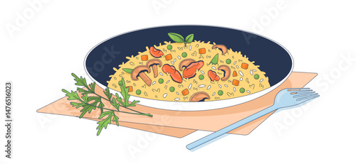 Mussels and pea risotto with mushrooms and garnish 2D vector illustration. Italian saffron rice dish. Dinner plate. Authentic food flat object isolated on white background. Colorful cartoon image