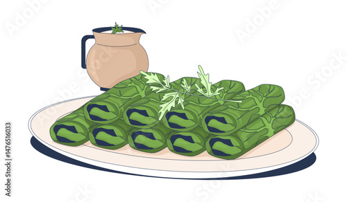 Dolma stuffed grape leaves with yoghurt sauce 2D vector illustration. Turkish yalanchi sarma. Dolmades. Warak enab. Authentic appetizer flat object isolated on white background. Colorful cartoon image