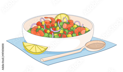Mexican ceviche shrimps 2D vector illustration. Peruvian seviche. South American dish with seafood. Cebiche prawns. Authentic food flat object isolated on white background. Colorful cartoon image
