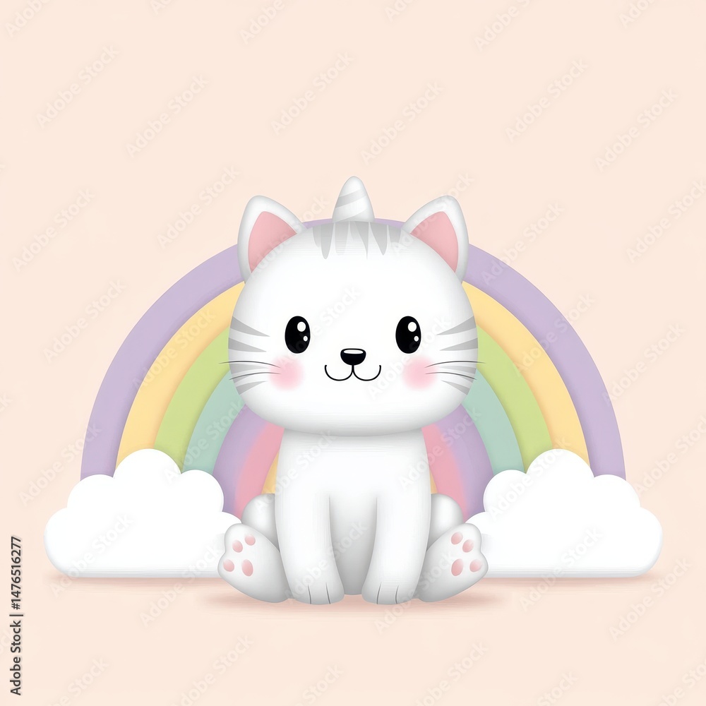 Adorable White Kitten Unicorn Pastel Rainbow Clouds Illustration Adorable White Kitten Unicorn Pastel Rainbow Clouds Illustration