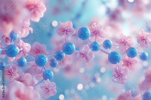 Blue molecule chain adorned with pink blossoms delicate science art