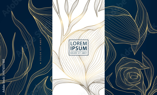 Vector set of gold on dark line luxury labels, leaf elegant package. Wine box design, jewelry nature background, posters, wallpaper, cards, wedding invitations