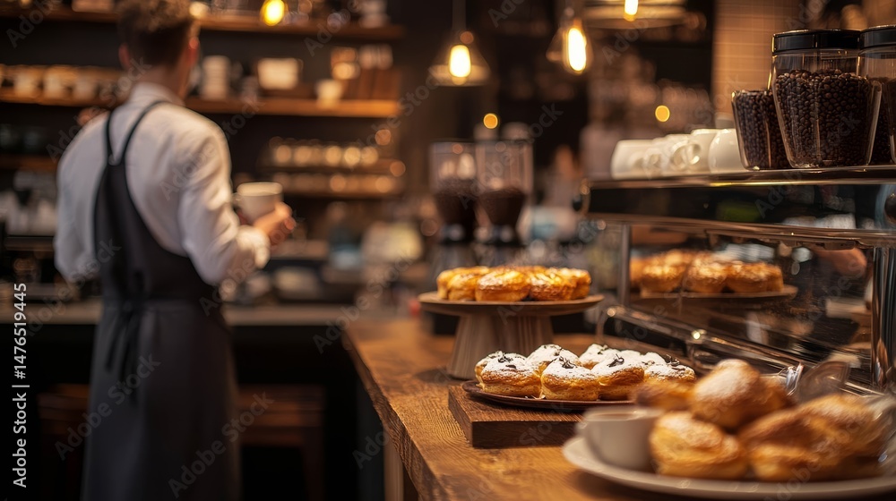 Fototapeta premium Barista at Work in Warmly Lit Café Setting..