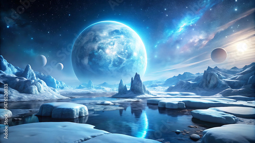 nighttime Frozen planet 3D View of an Icy Alien world.