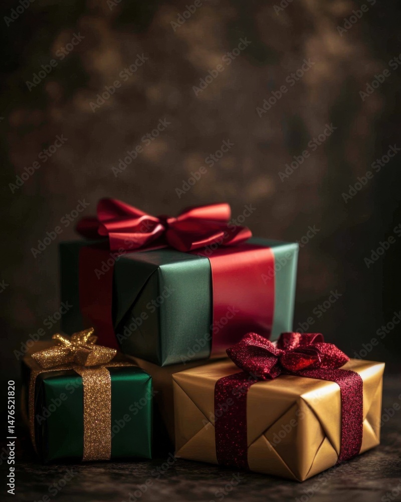 Fototapeta premium Stacked Christmas Presents in Green and Gold with Red Bows on Dark Background Studio Shot