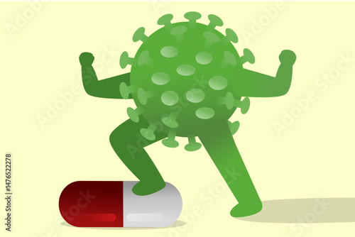 Superbug Virus Standing Over Antibiotic Pill, Concept of Drug Resistance and Antibiotic Failure