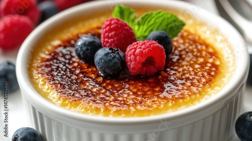 A close-up of a crème brûlée in a white ramekin, garnished with raspberries and a mint sprig.