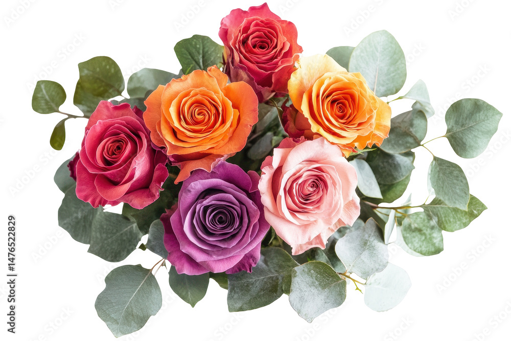 Obraz premium Beautiful assorted roses bouquet with greenery isolated on white ideal for wedding invitations and decor