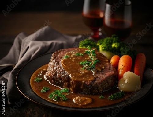 Juicy braised beef steak in rich brown sauce served with herbs on a ceramic plate in a cozy rustic setting capturing the essence of homemade gourmet comfort food dinner