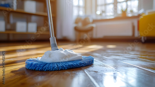 Wallpaper Mural Floor cleaning with mob and cleanser foam. Cleaning tools on parquet floor Torontodigital.ca