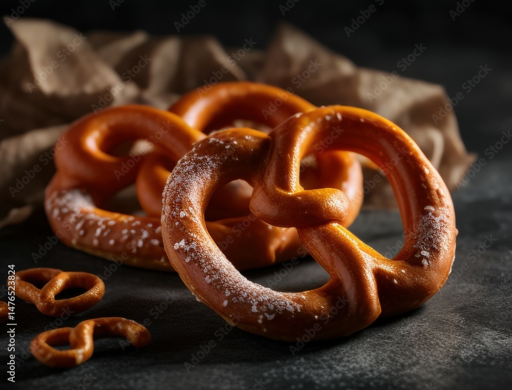 Freshly baked Bavarian pretzels sprinkled with salt and sugar, styled on a rustic dark surface for a traditional food photography scene perfect for culinary or Oktoberfest content. Freshly baked Bavarian pretzels sprinkled with salt and sugar, styled on a rustic dark surface for a traditional food photography scene perfect for culinary or Oktoberfest content.