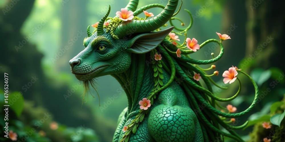 Fototapeta premium A mystical green creature, adorned with vibrant blossoms and verdant vines, gazes serenely into a lush, shadowed woodland