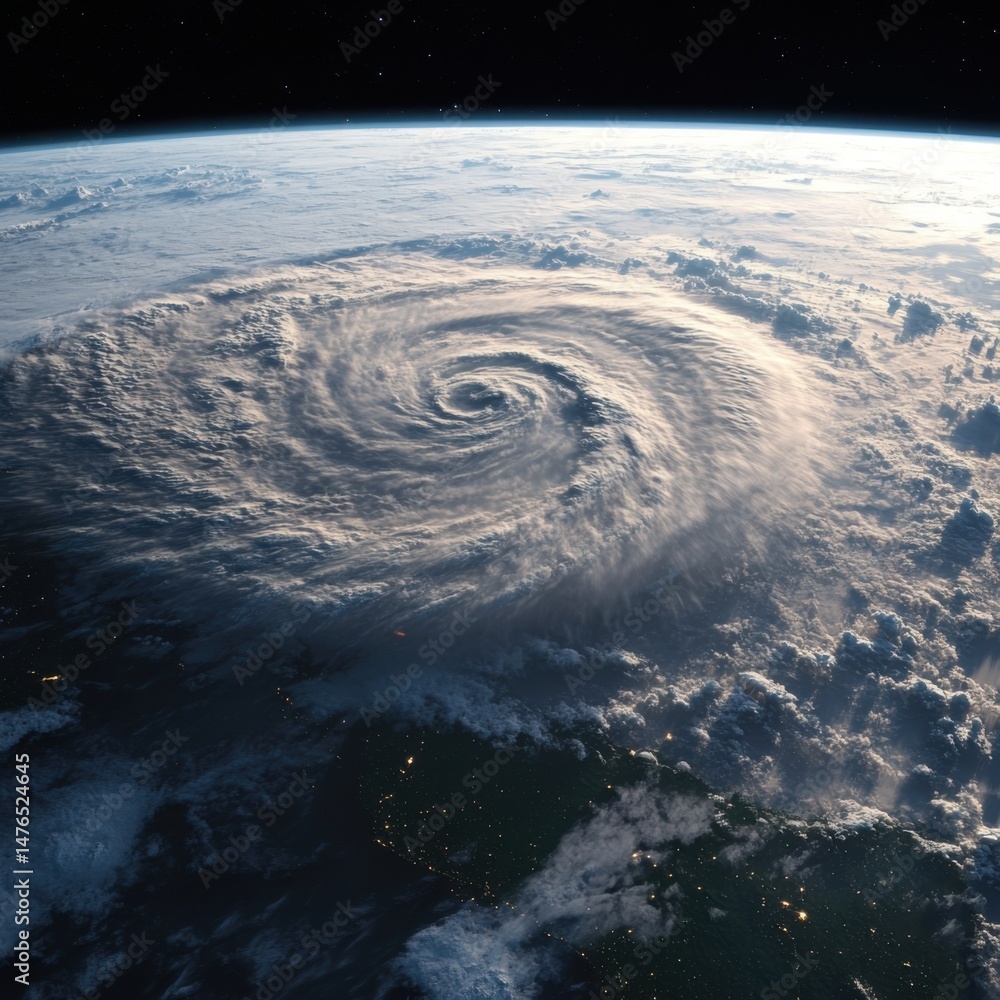 Fototapeta premium Aerial View of Hurricane Swirling Over Earth From Space Vantage Point Dramatic Weather Phenomenon
