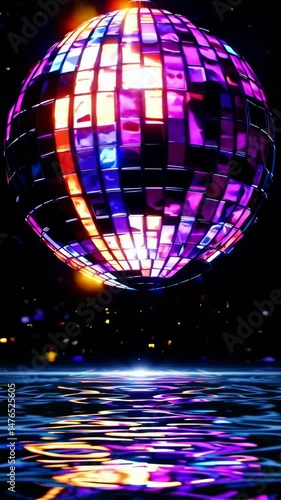 Vibrant disco ball reflecting colorful lights over rippling water surface