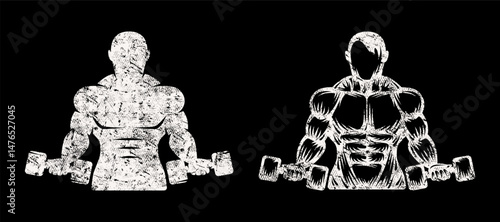 Waist up silhouette set stylized muscles bodybuilder with dumbbells. Graphic design with rough texture for t-shirt and emblem. White print on black background