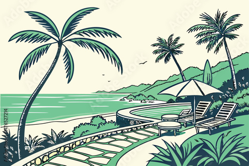 37 tropical paradise, lush green palm trees, crystal clear swimming pool, ornate walkway, idyllic beach, serene lounging area, scenic coastal landscape, vibrant foliage, calming resort atmosphere, tra