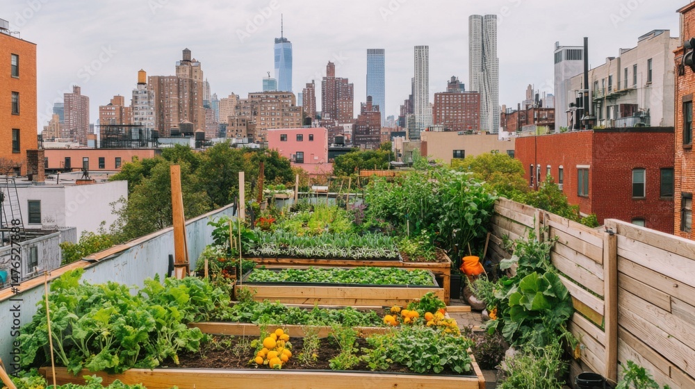 Fototapeta premium Rooftop Garden in New York City with Raised Beds and Lush Greenery Overlooking the Manhattan Skyline from a High Angle