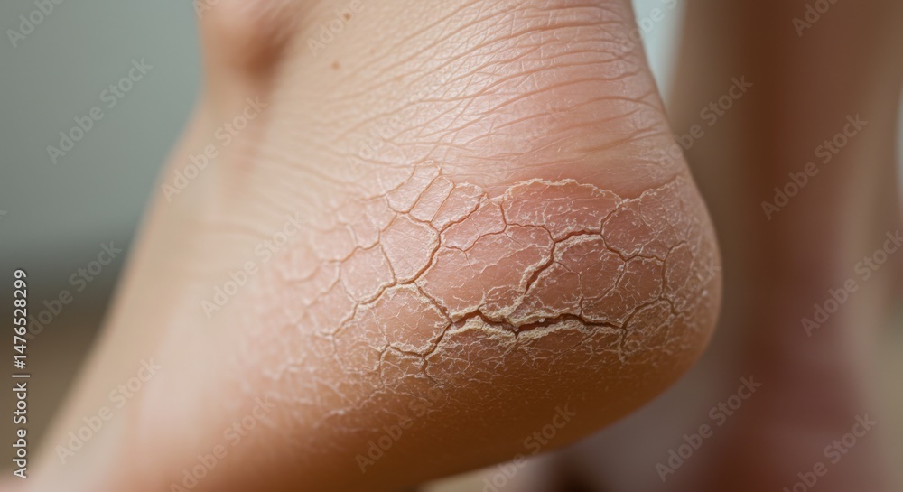 Fototapeta premium Macro view of peeling skin on heel, rough texture, showing skin dehydration, callus, dermatological condition, need for podiatry care, cosmetic and medical concern