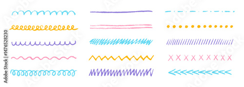 Set hand drawn crayon stripes and pencil underlines doodle, chalk scribbles, charcoal strikes for notes. Grunge texture. Collection of squiggly, wavy, zigzag lines. Vector illustration