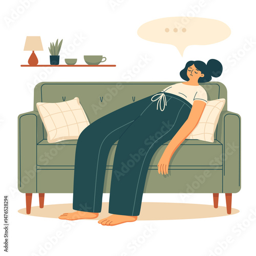 Woman lying on the sofa in a relaxed pose. Colored illustration in flat vector style.