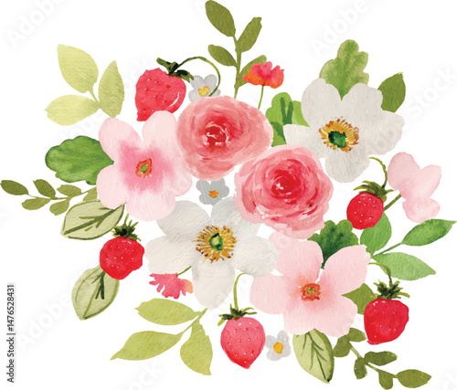 watercolor strawberry and flower bouquet