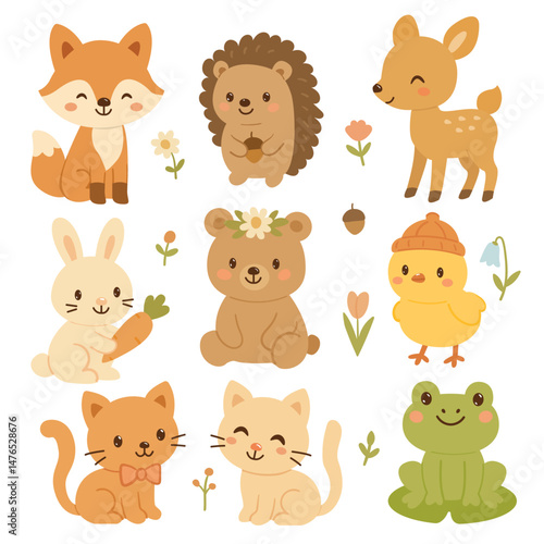 Wallpaper Mural Collection of cute happy little funny forest animal. Set of cute baby animal isolated on white background. Flat vector illustration. Deer fox frog bear chick cat rabbit and hedgehog. Torontodigital.ca