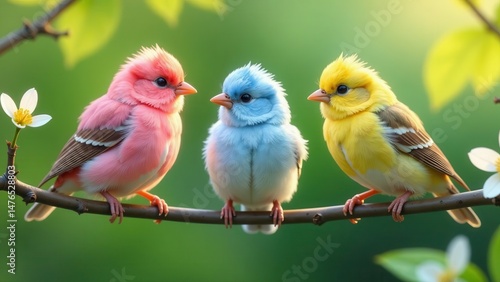 Three vibrantly colored birds perched on a slender branch amidst blooming springtime flora