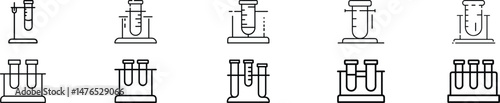 Laboratory Test Tube Icon Set – Includes Single and Multiple Glass Tubes with Measurement Marks, Liquid Volume Indicators, Chemical Experiment Tubes, Medical Analysis Via, Scientific Glassware for Lab