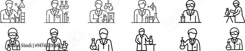 Scientist working in laboratory icon set depicting researchers in lab coats conducting experiments, handling scientific equipment, performing tests in a science lab, scientific research icon