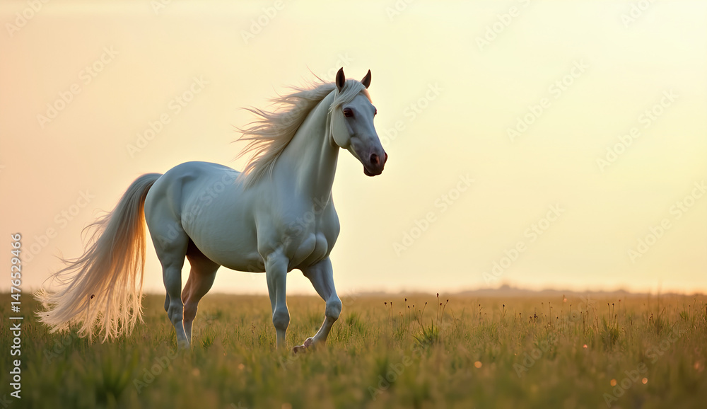 Fototapeta premium White Horse Running Through a Field