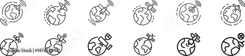 Space satellite orbiting Earth icon representing global communication, GPS navigation, weather monitoring, orbital science, aerospace technology, satellite transmission, and planetary observation