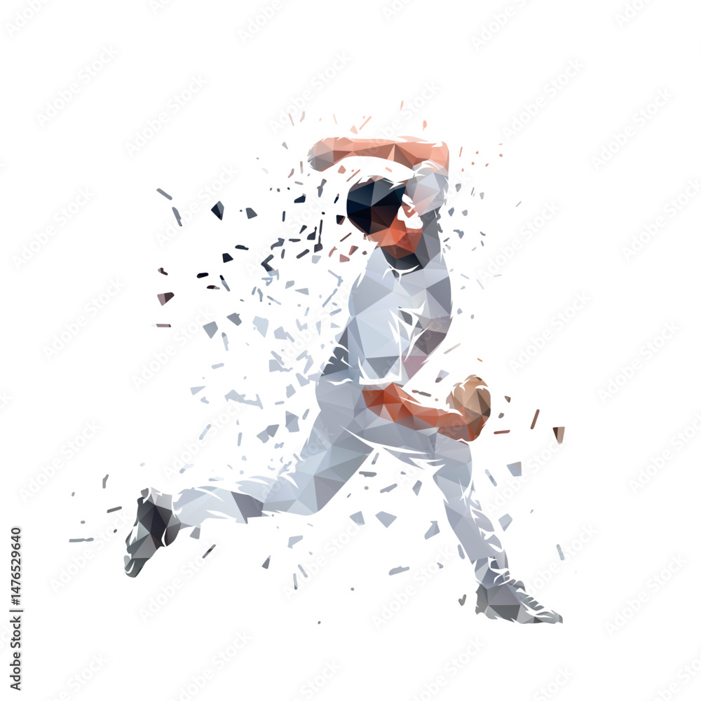 Baseball sport, baseball pitcher throwing ball, isolated low poly vector illustration with dispersion effect. Side view. Team sports