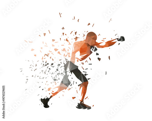 Boxing fighter, male boxer, combat sport. Low polygonal isolated vector illustration. Fighting stance in the ring