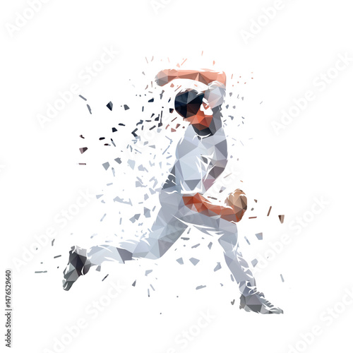Obraz na płótnie Baseball sport, baseball pitcher throwing ball, isolated low poly vector illustration with dispersion effect. Side view. Team sports w salonie