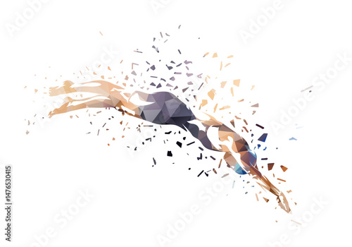Swim, woman starting swimmimg, isolated vector silhouette, distorted low polygonal illustration