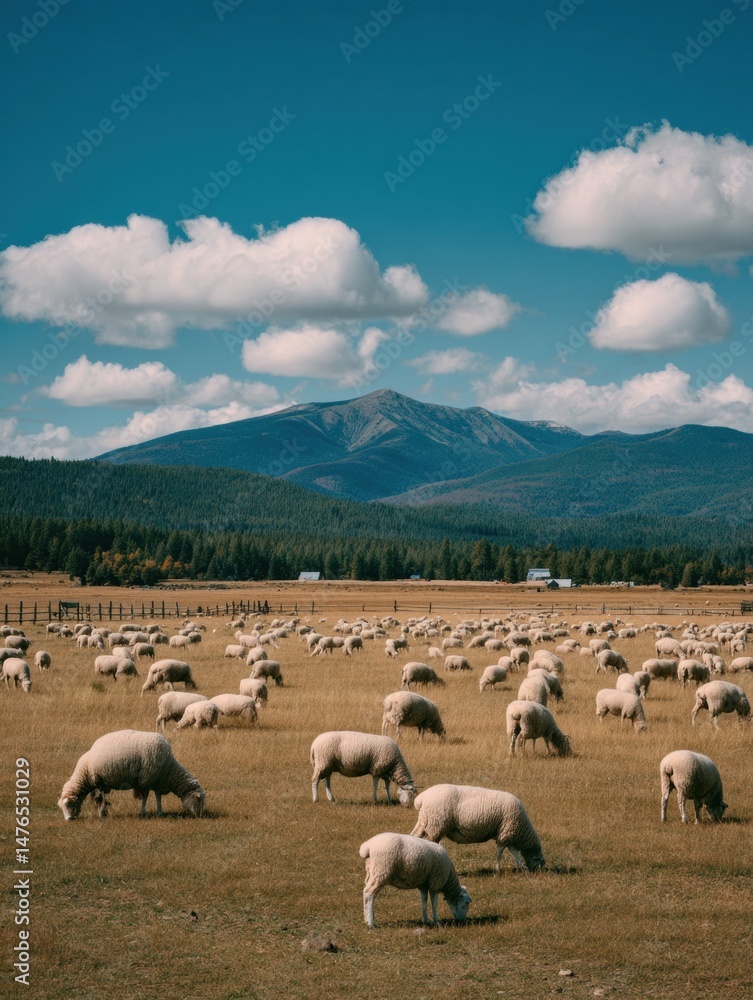 Obraz premium Sheep Grazing Peacefully Under a Bright Sky Near Rugged Mountains During a Sunny Day in the Countryside