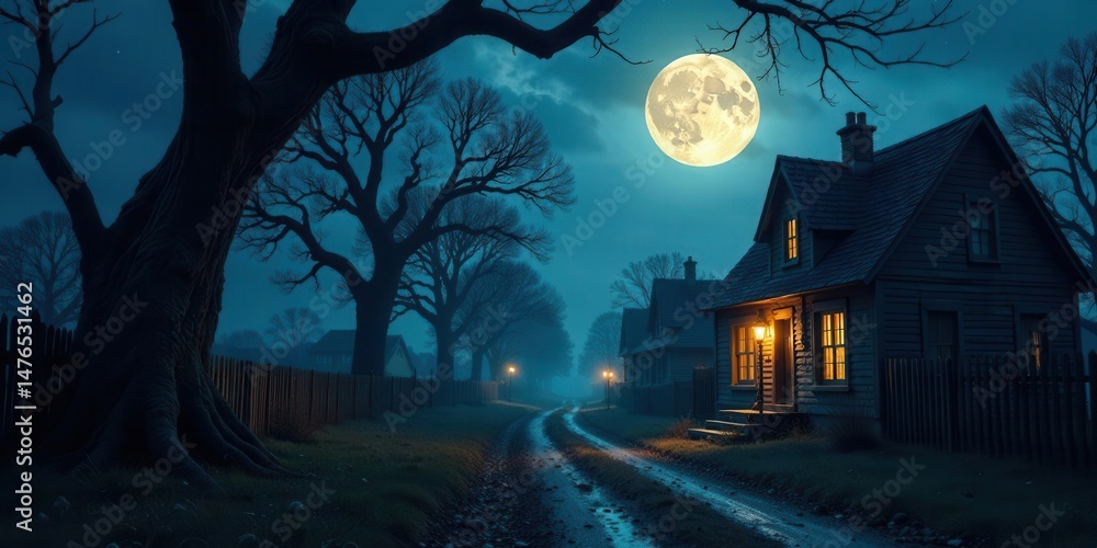Fototapeta premium Enchanted Village Lane Under a Full Moon's Gleam, Illuminated by Soft Lamplight on a Misty Night