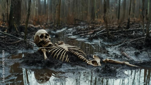 Human Skeleton Submerged in Murky Waters of a Dismal Swamp