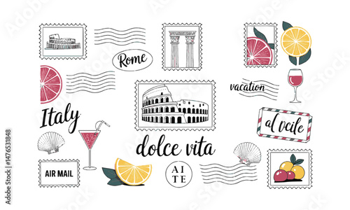 Modern vector-style collage of vintage Italian travel stamps and postal elements, easily scalable and editable.