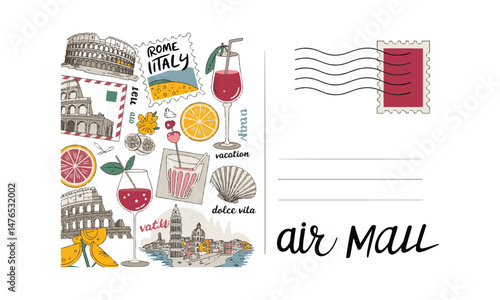 Modern vector-style collage of vintage Italian travel stamps and postal elements, easily scalable and editable.