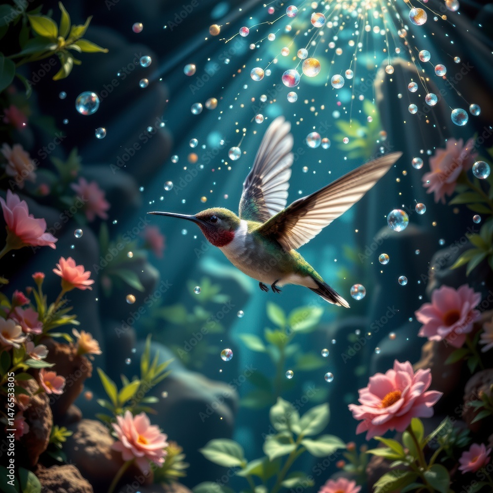 Fototapeta premium Hummingbird in Flight Among Pink Flowers and Bubbles
