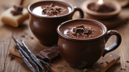 Two mugs of hot chocolate with chocolate shavings, vanilla beans, and chocolate pieces on a dark surface.