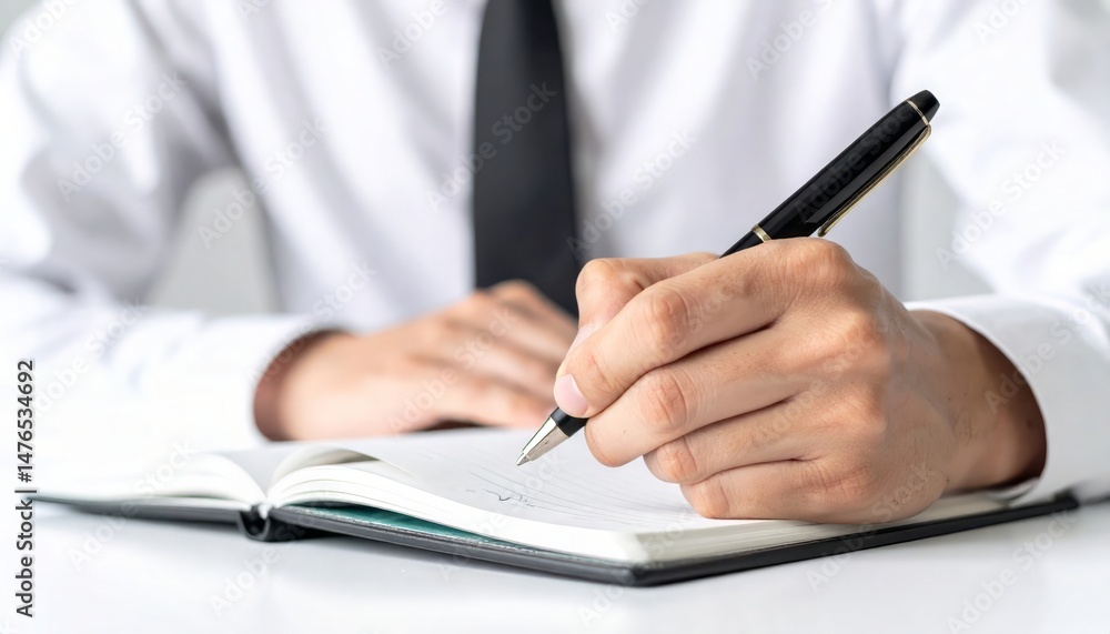 Businessman in white shirt writing notes in a notebook with a pen at the desk in bright office environment showcasing productivity and organization Businessman in white shirt writing notes in a notebook with a pen at the desk in bright office environment showcasing productivity and organization