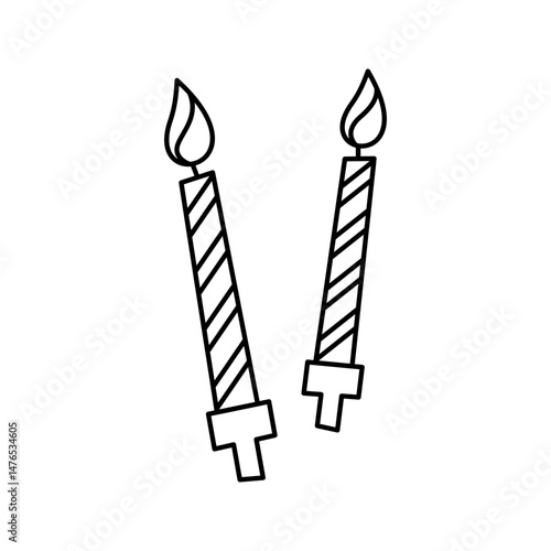 Two striped candles with flames. Typically used to decorate cakes or set a festive mood. Line Art Style Icon Illustration