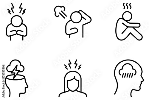 Depression line icon set. Depress, sad, lonely, loneliness, alone, person, sorrow, stress concept on white background