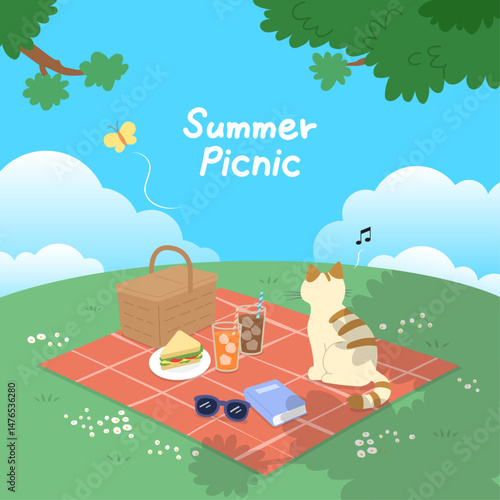 Summer Picnic Scene with Cat, Drinks, and Outdoor Vibes